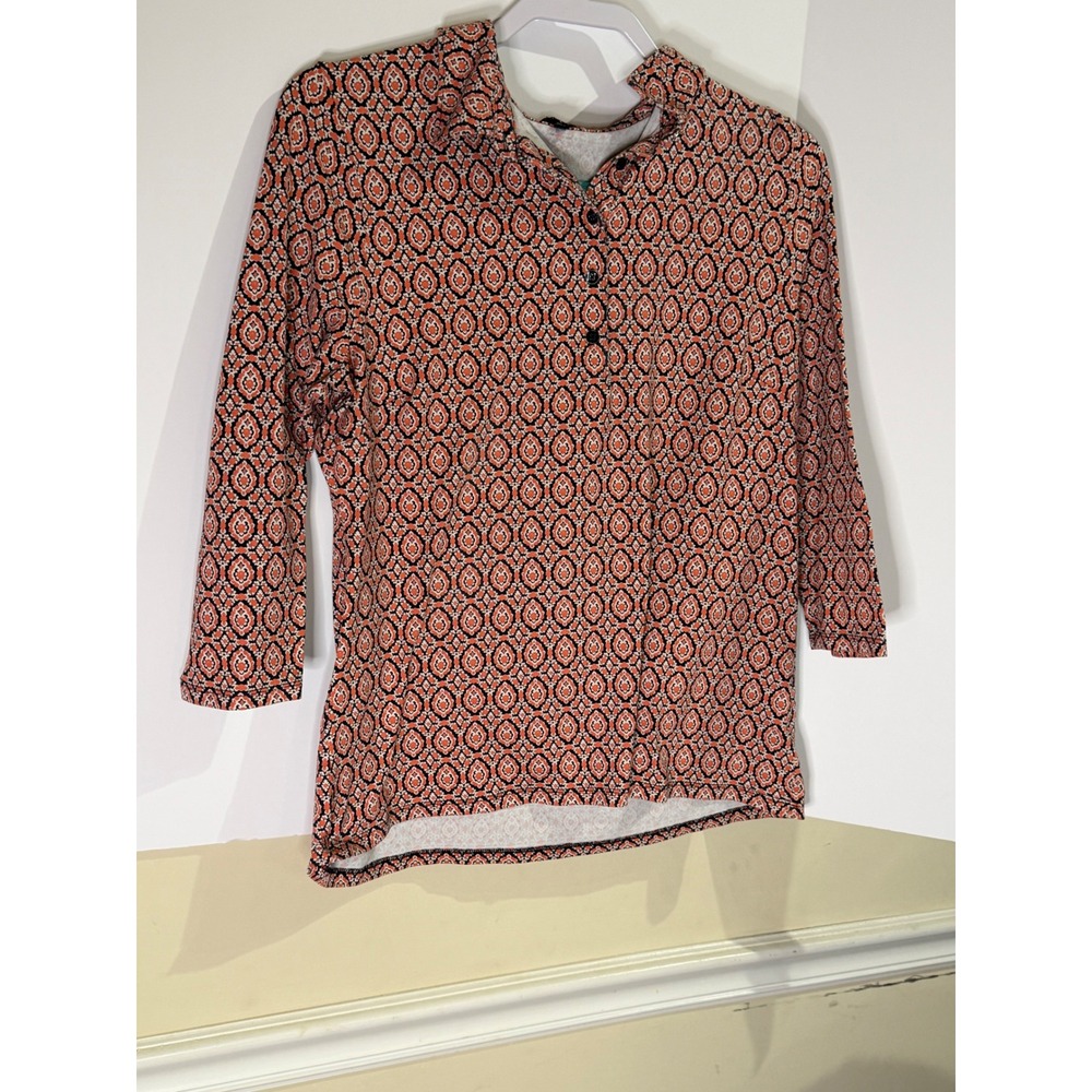 Talbots Womens Large Orange Navy Geometric Medallion 3/4 Sleeve Button Top